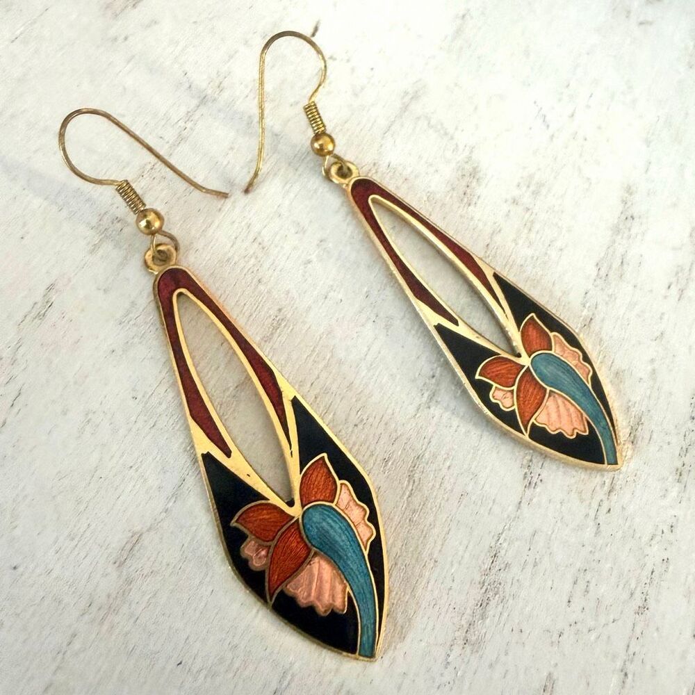 Vintage Cloisonné Enamel Floral Long Dangle Earrings Gold Tone